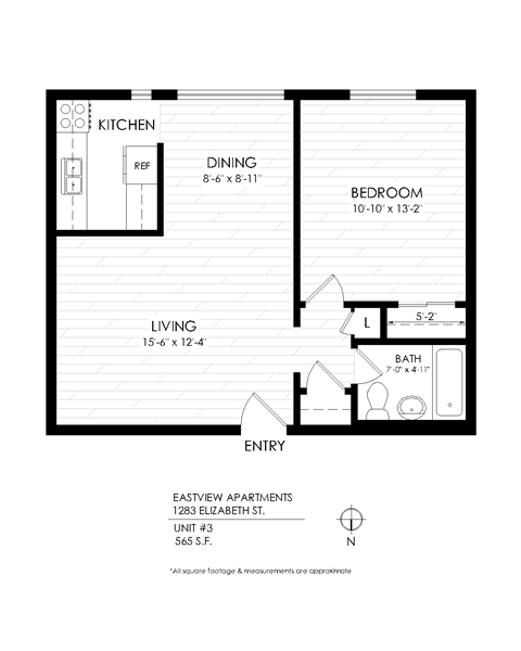 Floor plan for 1 bed, 1 bath, 565 sqft